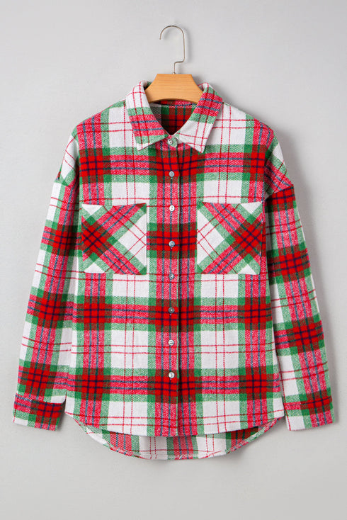 Tartan Plaid Flannel Button Front Patch Pocket Drop Shoulder Shacket